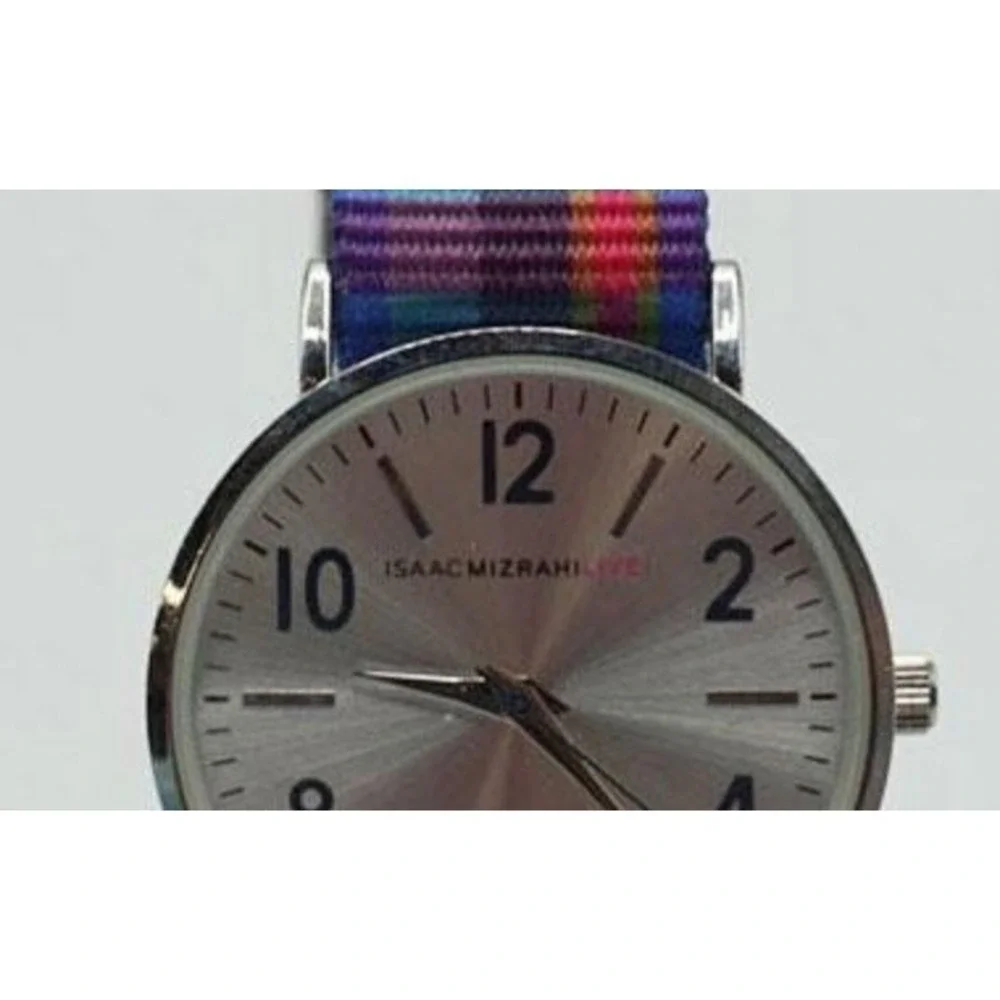 Isaac Mizrahi Live Ladies Analog Quartz Watch Silver Dial Plaid Nylon Strap 38mm